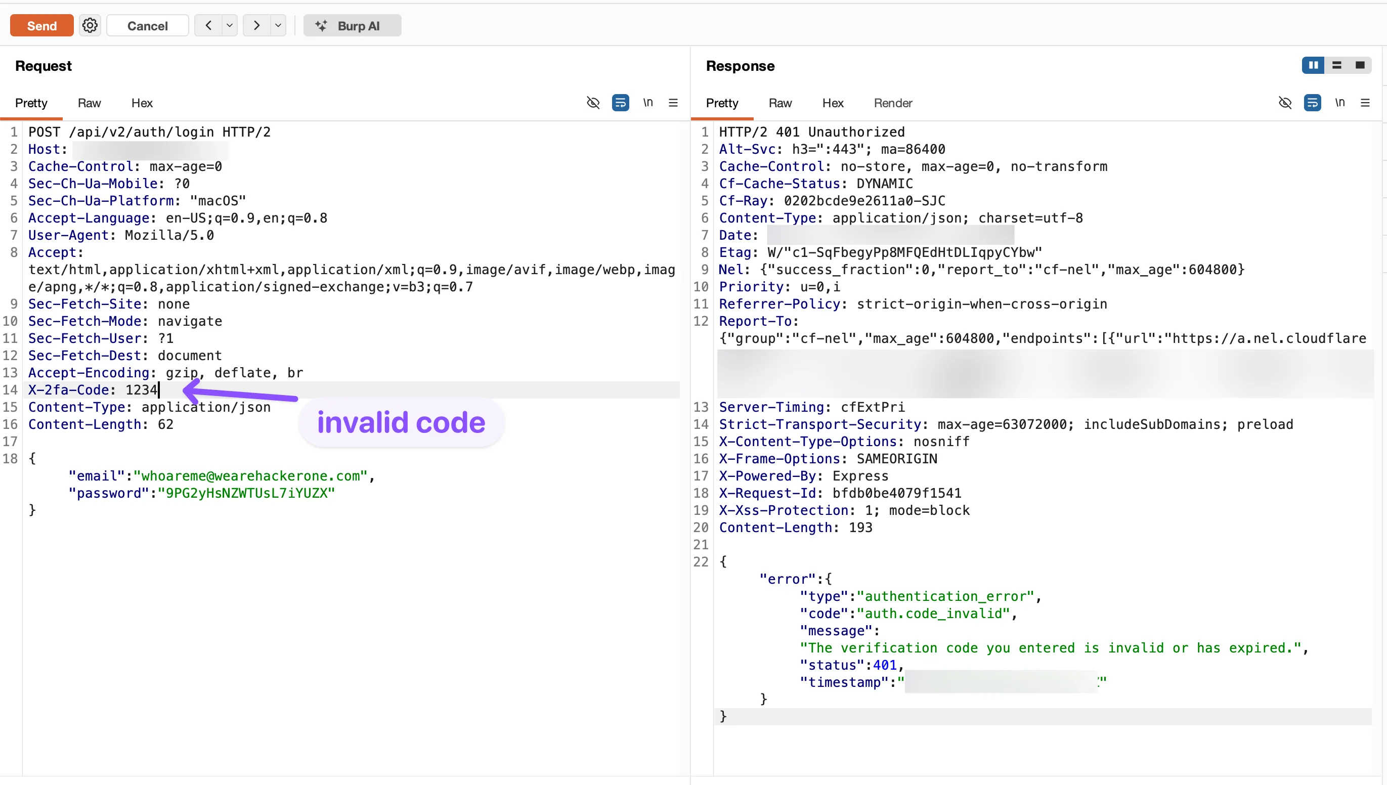 verify-2fa response with 401 auth.code_invalid