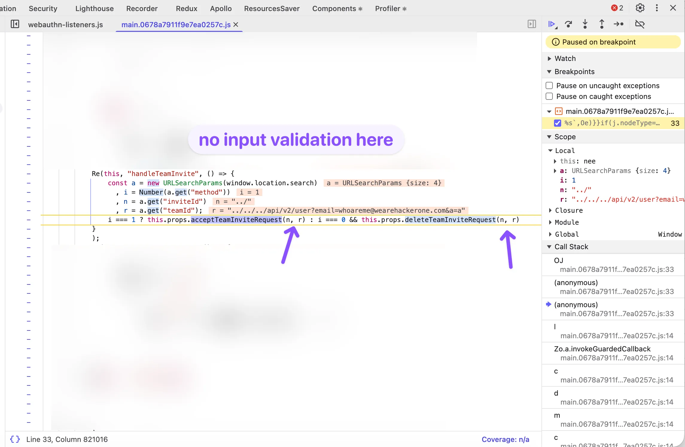 Paused on handleTeamInvite with no input validation