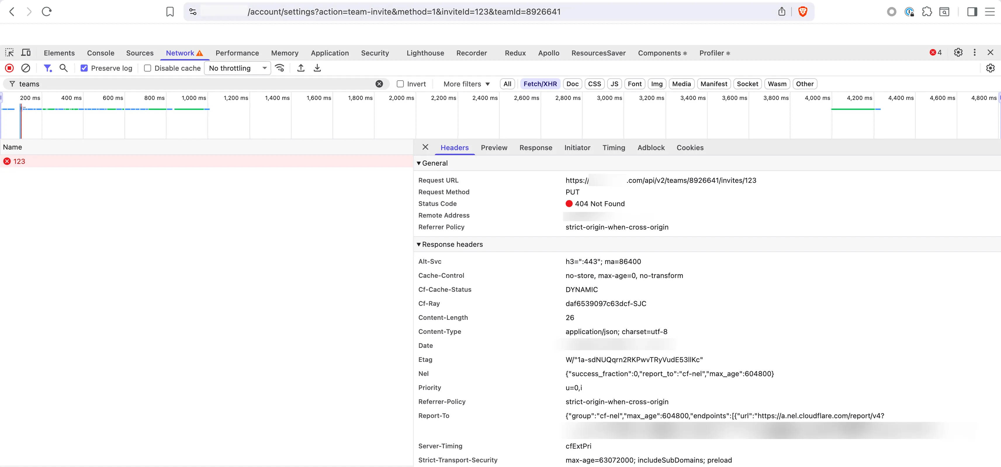 DevTools network panel showing PUT /api/v2/teams/8926641/invites/123