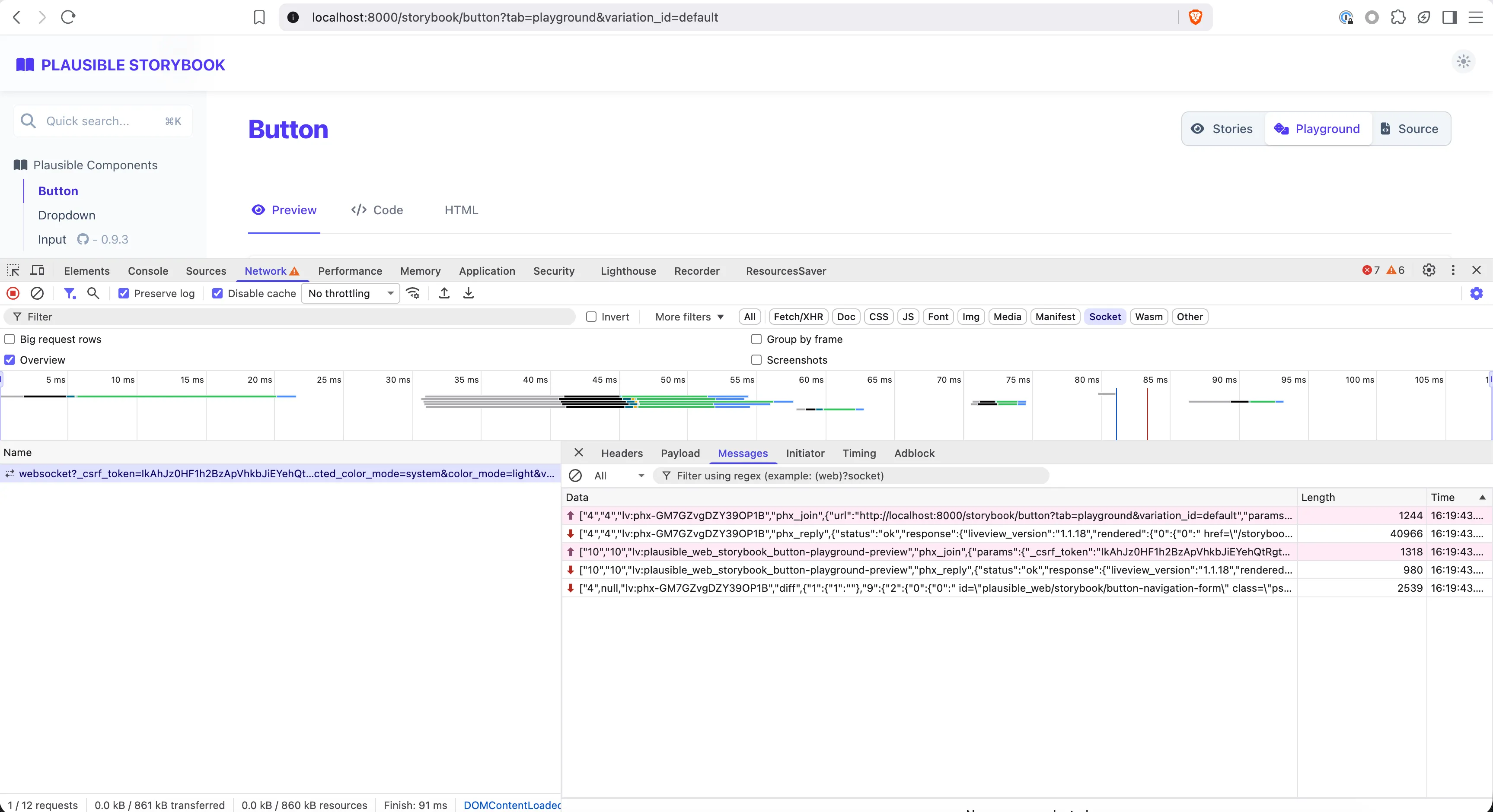 Plausible's Phoenix Storybook interface and its LiveView traffic in DevTools