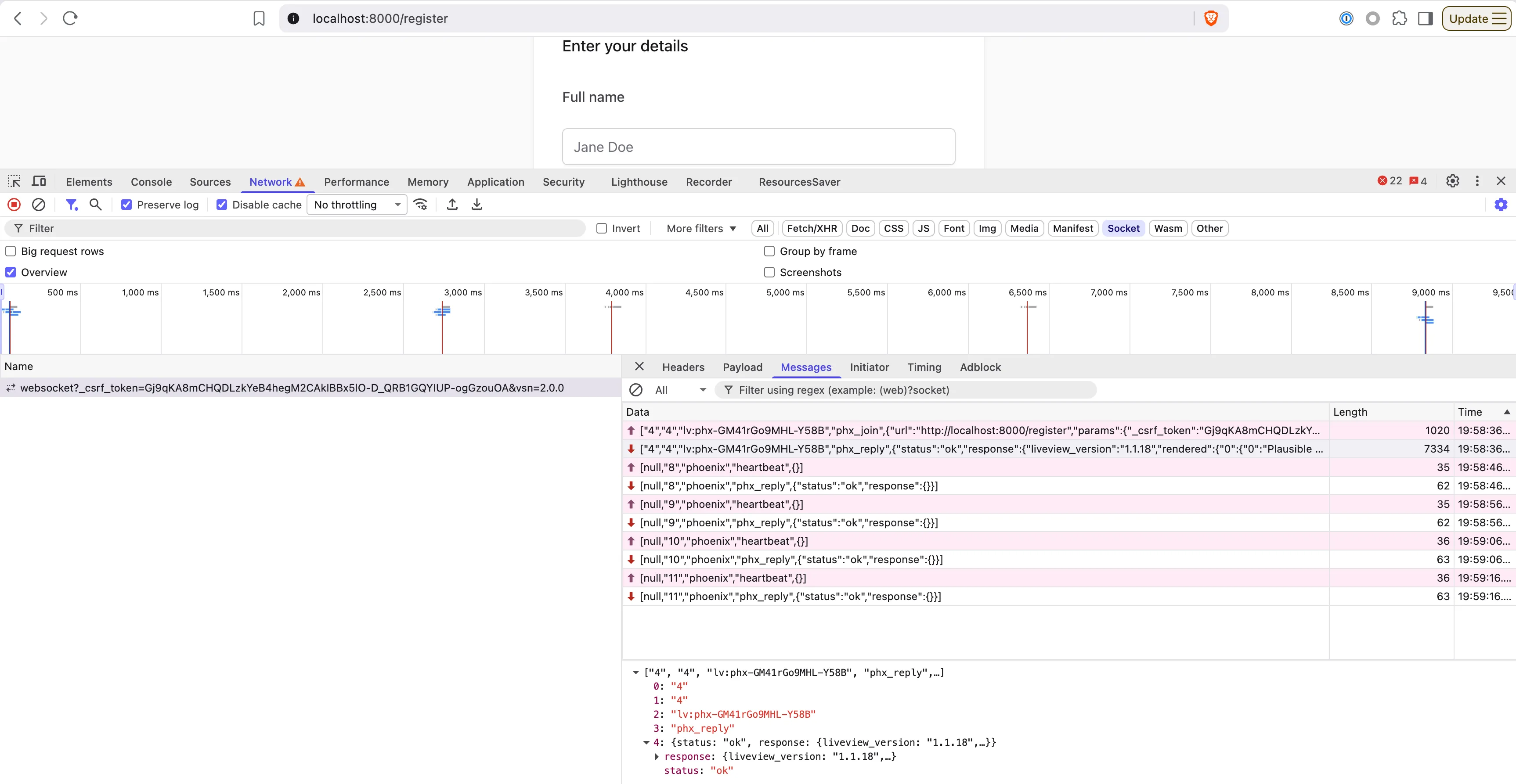 Chrome DevTools showing the Phoenix LiveView WebSocket used by the Plausible registration page