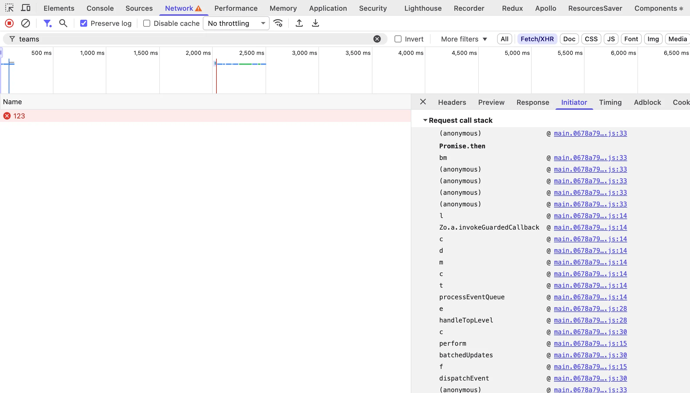 Initiator call stack leading into handleTeamInvite